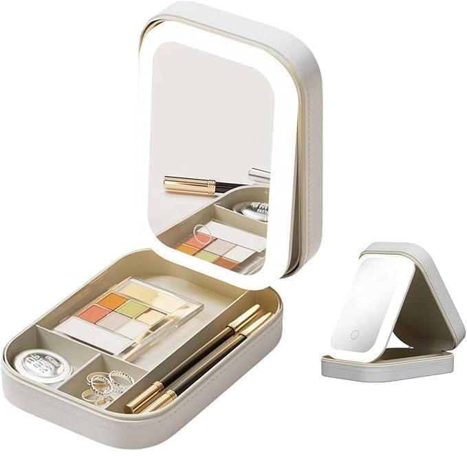 LED Lighted Makeup Mirror Jewelry Box ā Portable 2-in-1 Travel Organizer with Adjustable Lighting, Cosmetic Storage & Rechargeable Battery ā Compact Vanity Mirror
