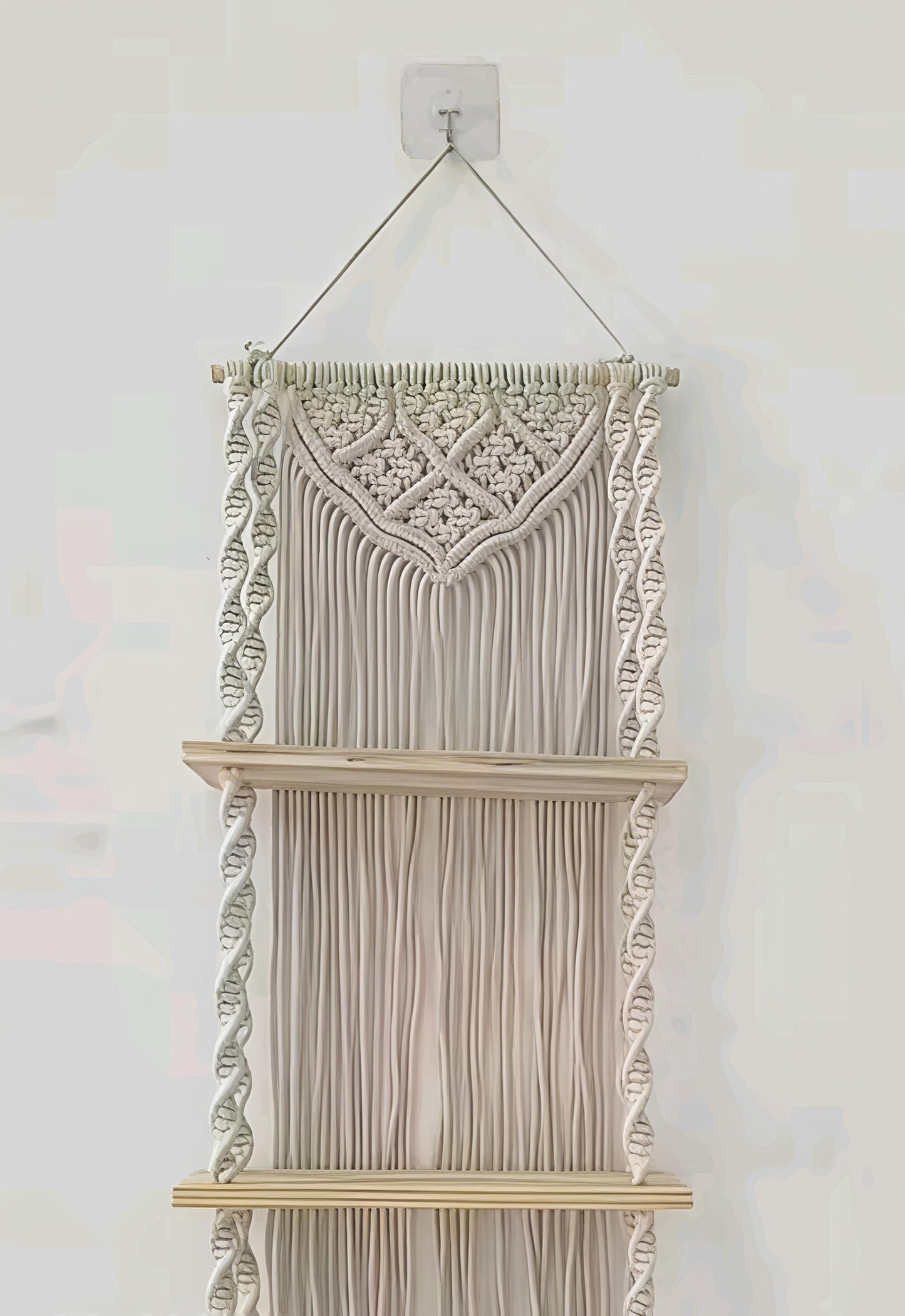 Macrame wall hanging shelf with wooden shelves. Dival hanging plant holder and hanging home decor