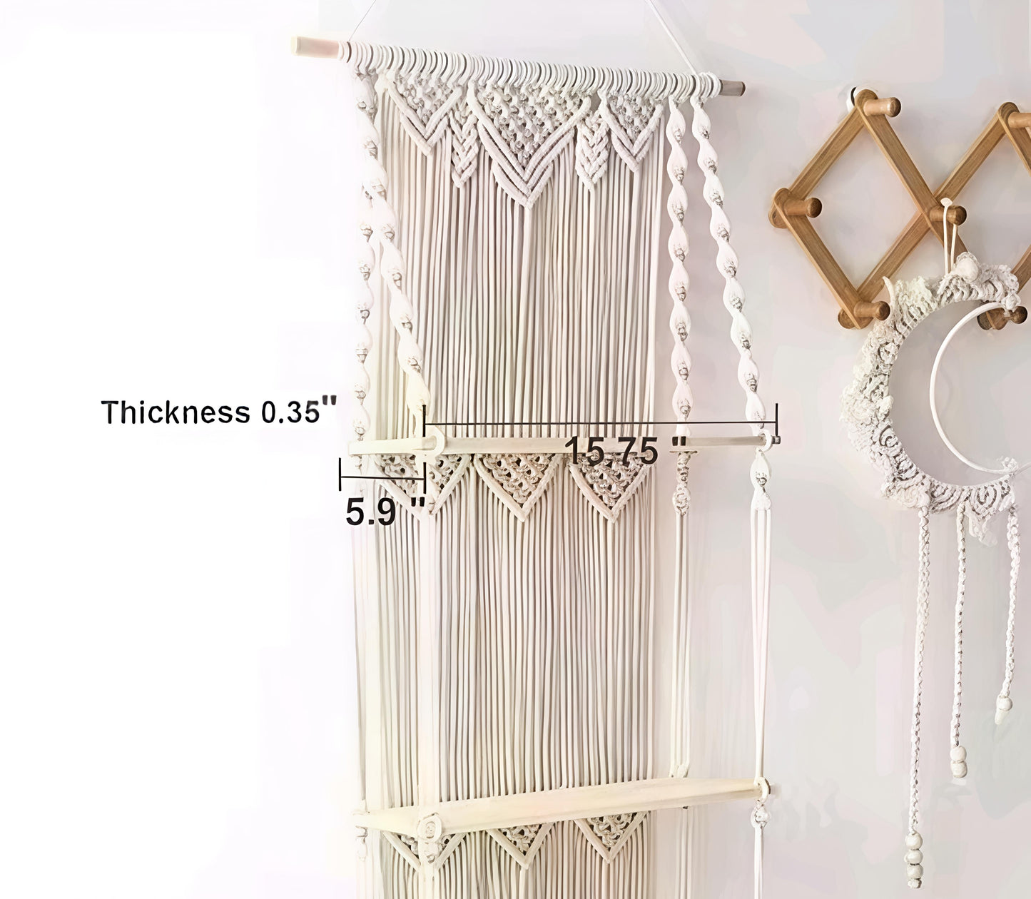 Unique Design Boho Handmade Macrame Decorative Wooden Wall Mounted Hanging Home Decors Storage Floating Shelf for Books and Planters Livingroom, Bedroom -