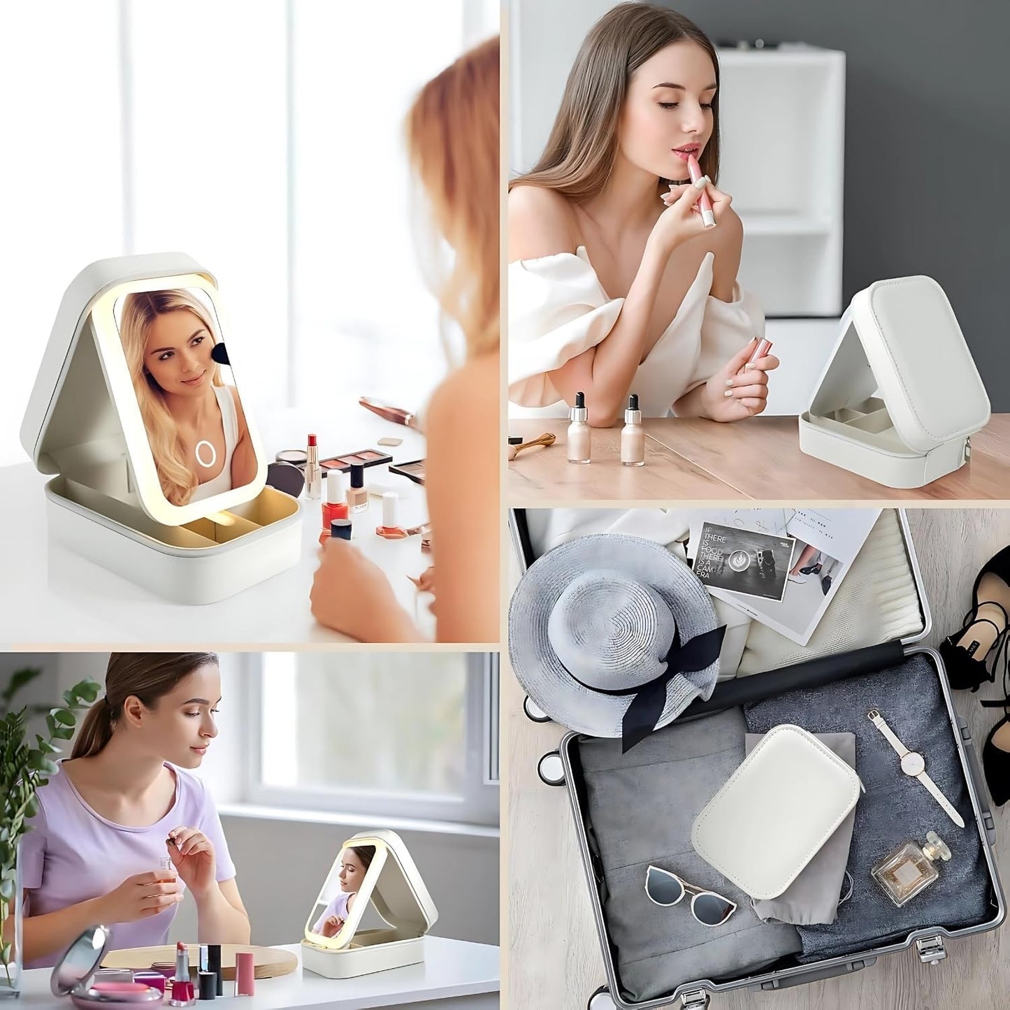 LED Lighted Makeup Mirror Jewelry Box – Portable 2-in-1 Travel Organizer with Adjustable Lighting, Cosmetic Storage & Rechargeable Battery – Compact Vanity Mirror