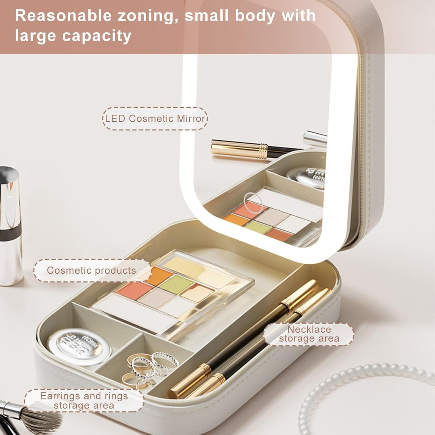 LED Lighted Makeup Mirror Jewelry Box – Portable 2-in-1 Travel Organizer with Adjustable Lighting, Cosmetic Storage & Rechargeable Battery – Compact Vanity Mirror