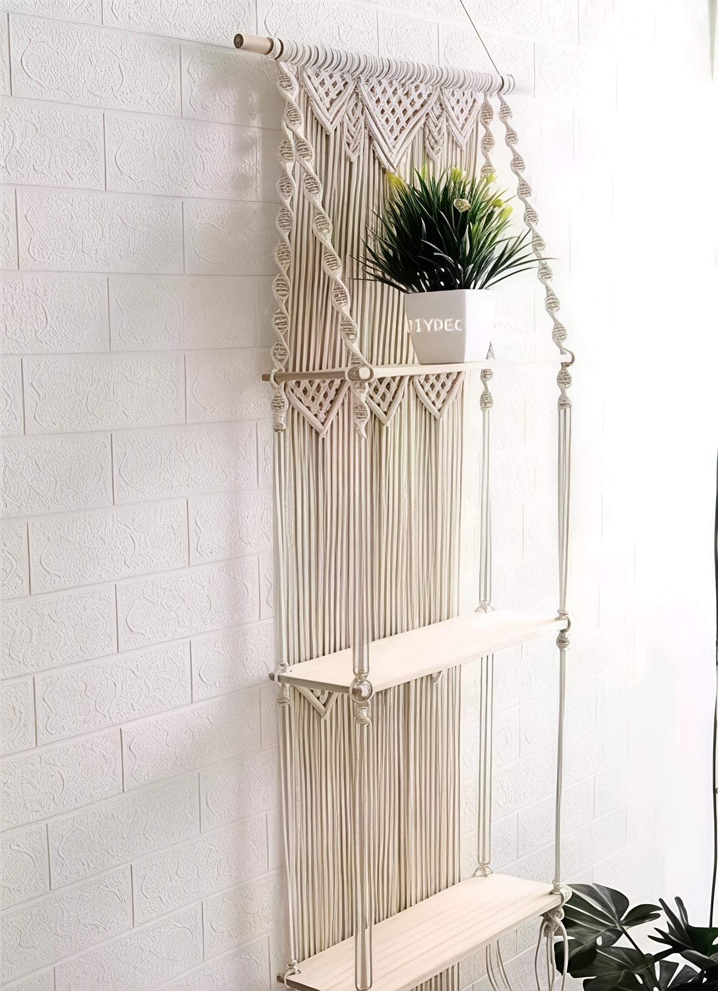Unique Design Boho Handmade Macrame Decorative Wooden Wall Mounted Hanging Home Decors Storage Floating Shelf for Books and Planters Livingroom, Bedroom -