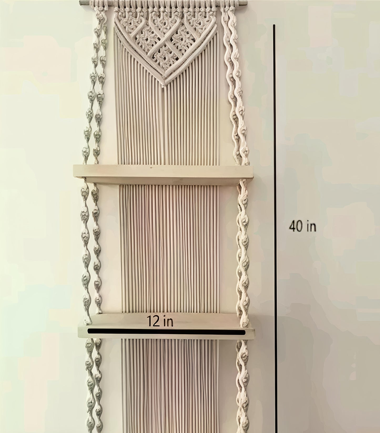 Unique Design Boho Handmade Macrame Decorative Wooden Wall Mounted Hanging Home Decors Storage Floating Shelf for Books and Planters Livingroom, Bedroom - Off-White