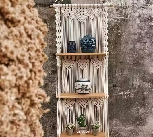 Unique Design Boho Handmade Macrame Decorative Wooden Wall Mounted Hanging Home Decors Storage Floating Shelf for Books and Planters Livingroom, Bedroom -
