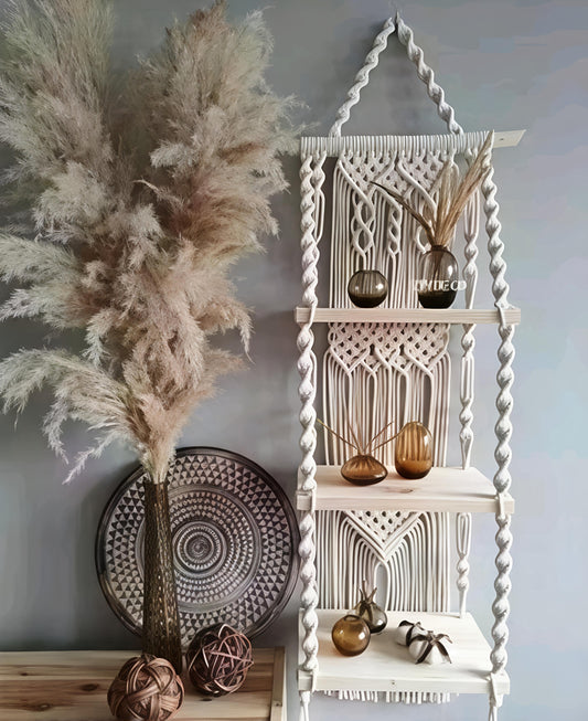 Unique Design Boho Handmade Macrame Decorative Wooden Wall Mounted Hanging Home Decors Storage Floating Shelf for Books and Planters Livingroom, Bedroom - Off-White