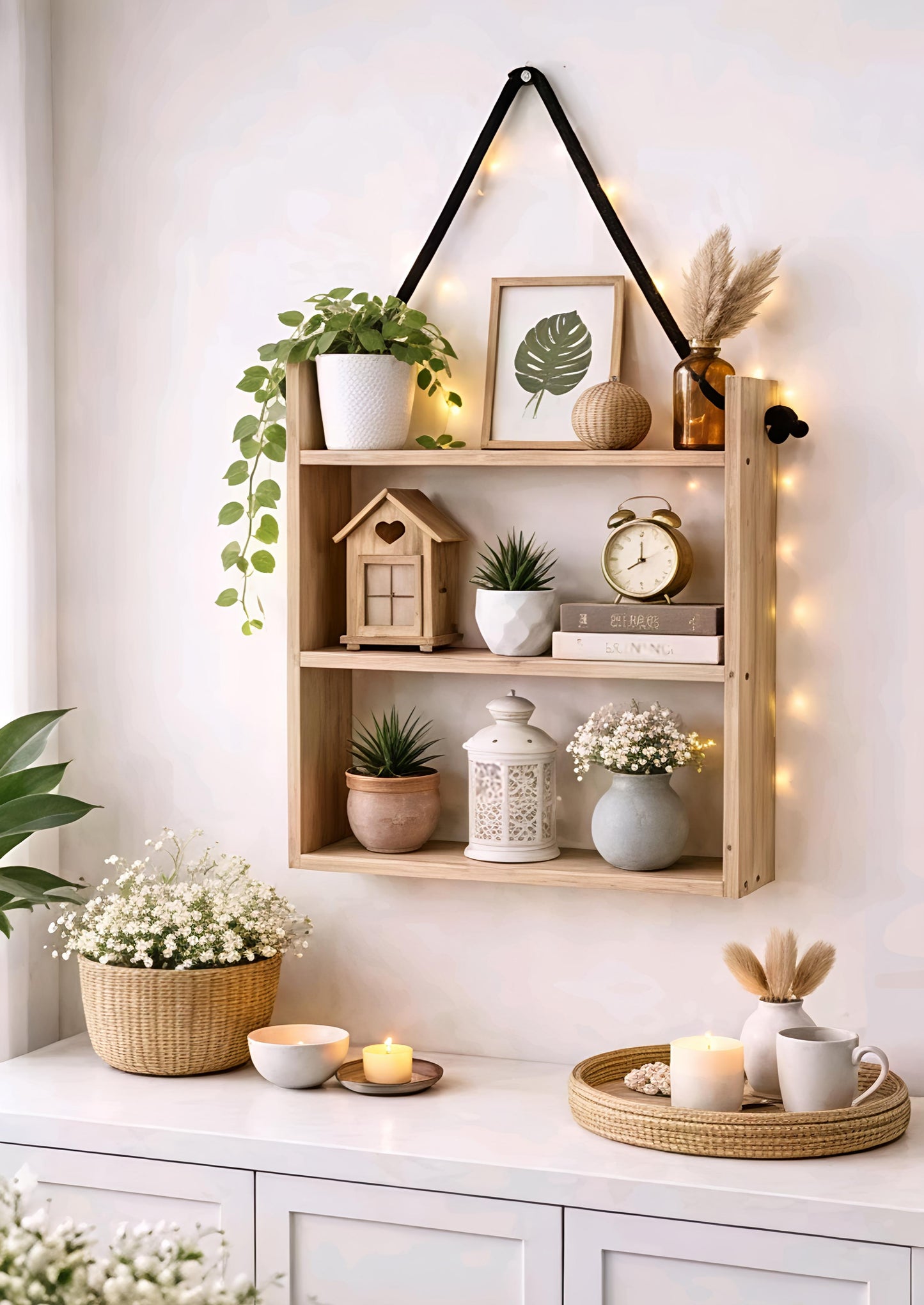 Handcrafted Wooden Macrame Wall Hanging Shelf for Living Room, Bedroom & Home Décor - Perfect for Plants, Books & Decorative Items | Boho Style Handmade Wall Shelf