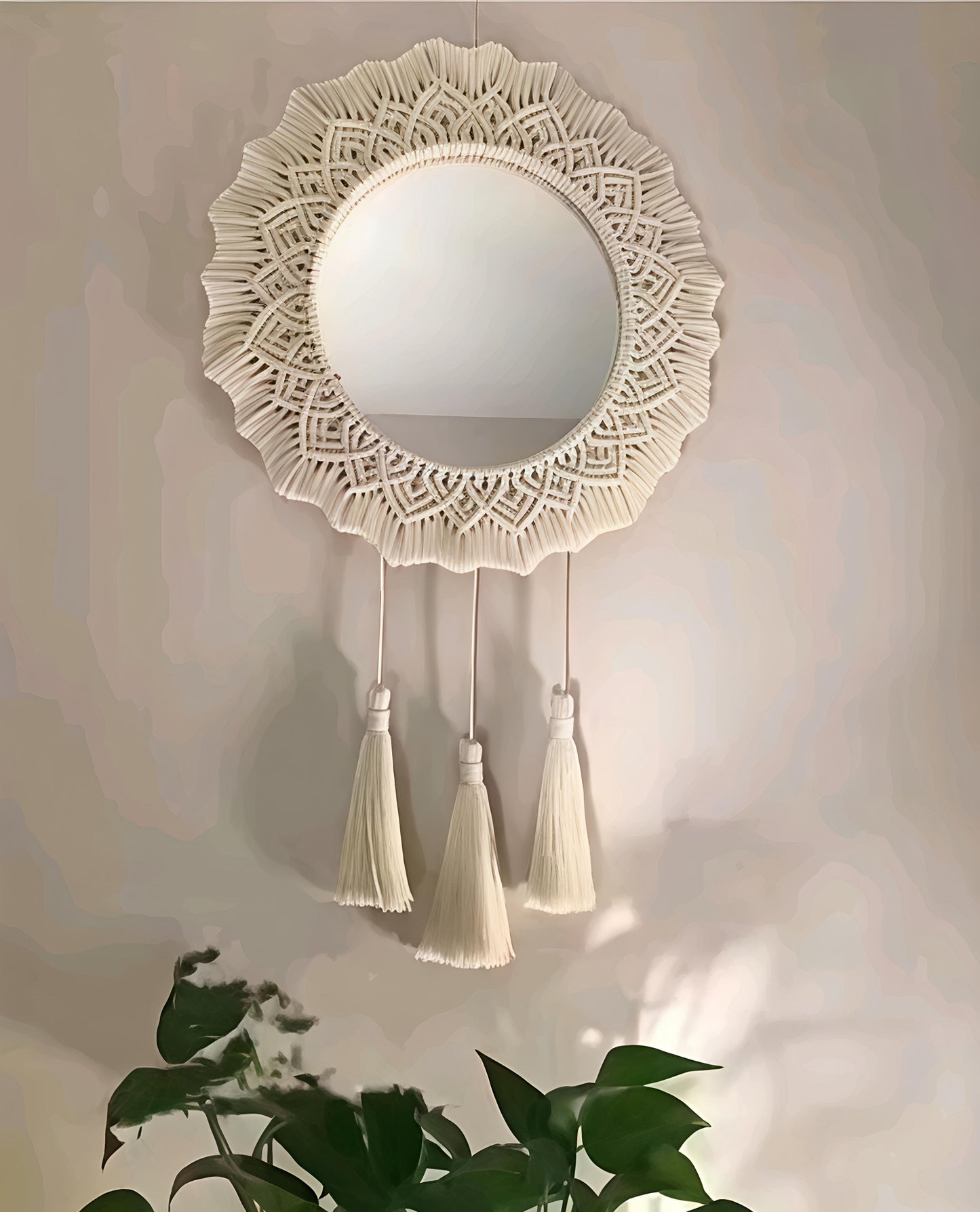 Boho round handmade macrame

Wall hanging mirror for living room bedroom and entryway attractive mirror boho design and round style wall hanging mirror for home decor and office items