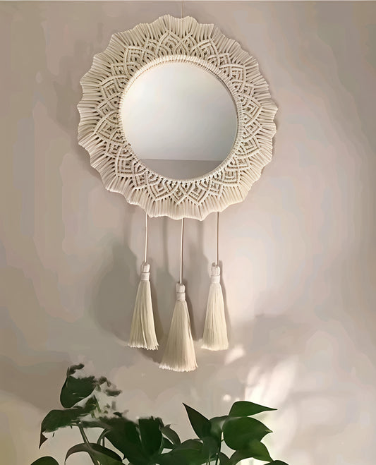 Boho round handmade macrame

Wall hanging mirror for living room bedroom and entryway attractive mirror boho design and round style wall hanging mirror for home decor and office items