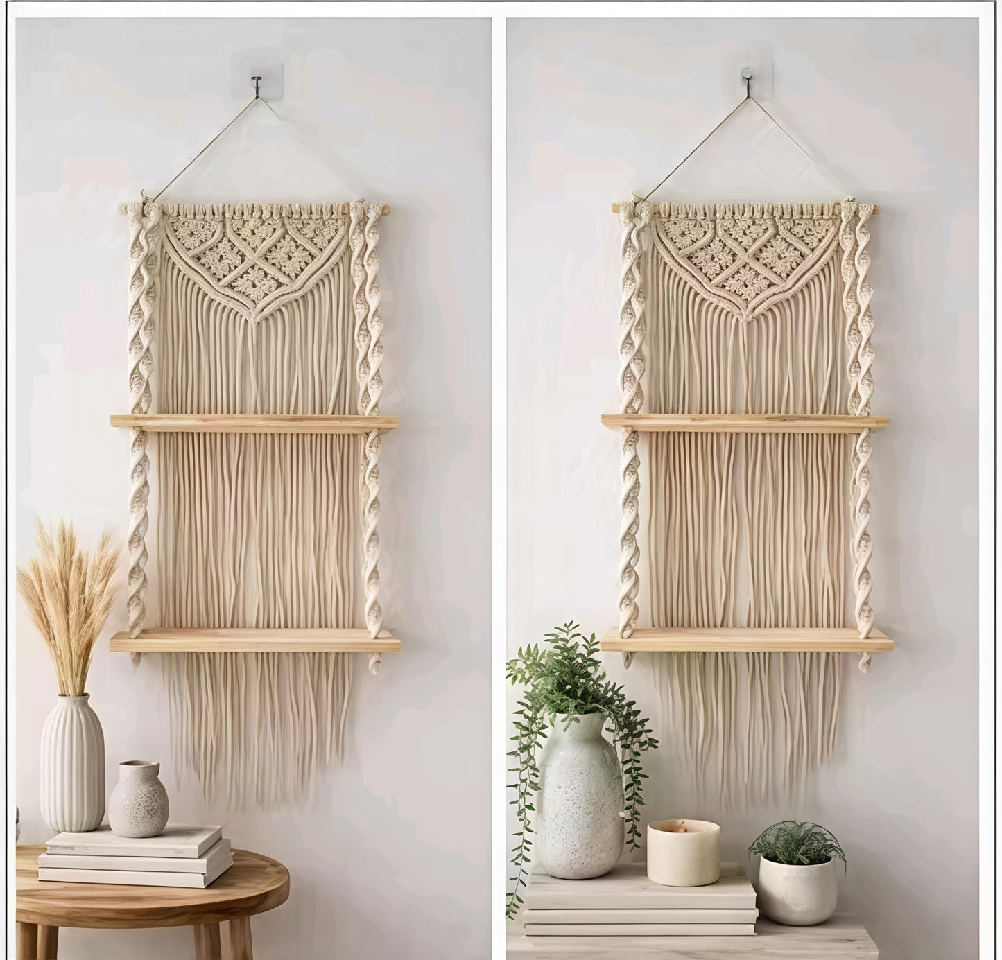 Macrame wall hanging shelf with wooden shelves. Dival hanging plant holder and hanging home decor