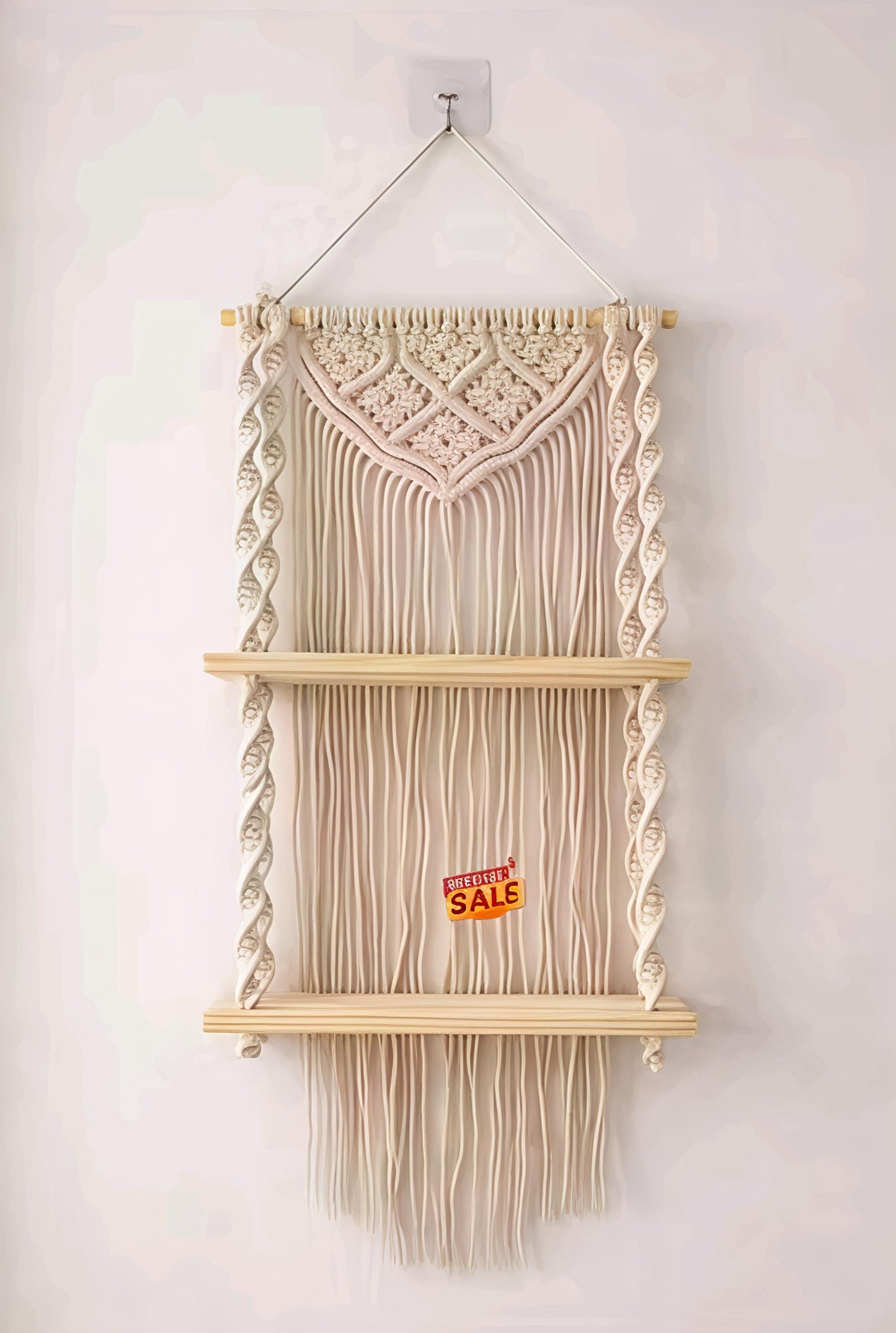Macrame wall hanging shelf with wooden shelves. Dival hanging plant holder and hanging home decor