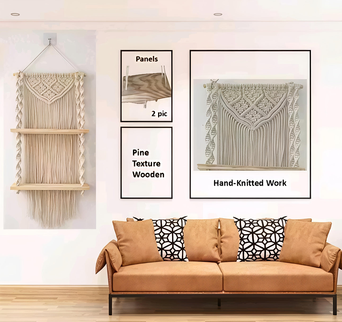 Macrame wall hanging shelf with wooden shelves. Dival hanging plant holder and hanging home decor