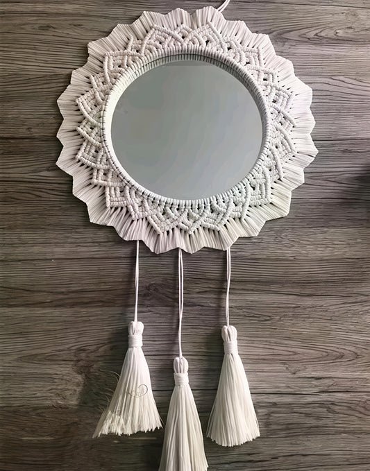 Boho round handmade macrame

Wall hanging mirror for living room bedroom and entryway attractive mirror boho design and round style wall hanging mirror for home decor and office items